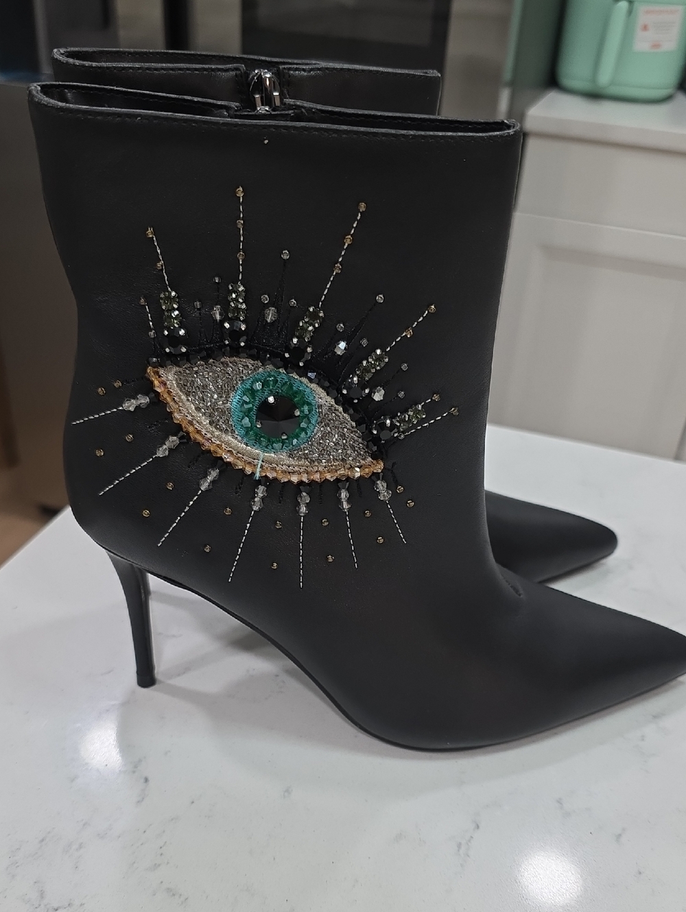Kurt Geiger Belgravia embellished pointy black leather evil eye bootie Sz 8